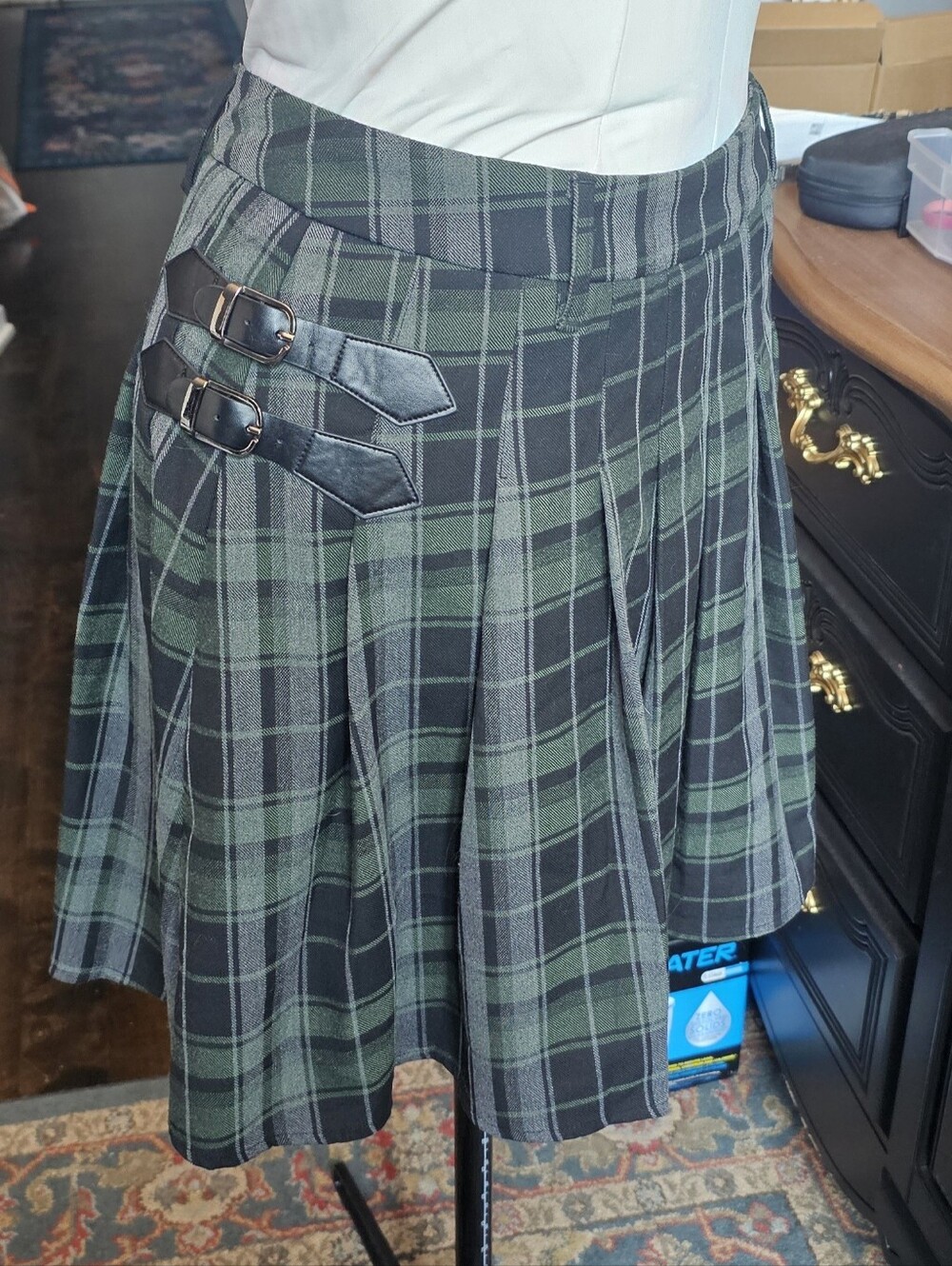 Disturbia Bittersweet Plaid Pleated Mini Skirt with Buckle Detail - Green/Black